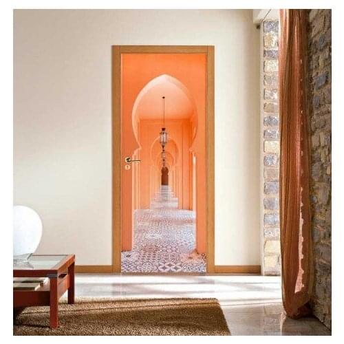 Creative Door Mural Orange Arch Corridor Door Wrap For Kids Peel and Stick Door Decal Door Sticker Wallpaper Home Decor