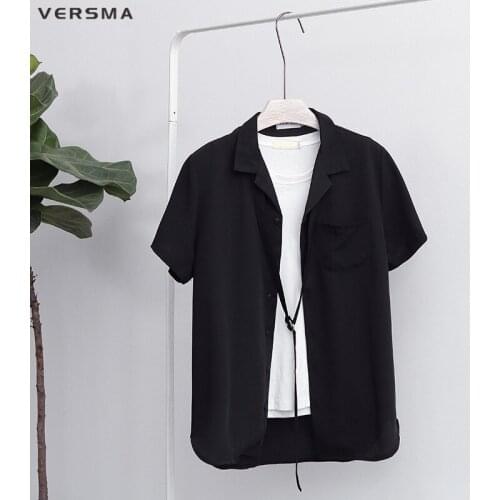 VERSMA 2018 Summer Solid Color Short Sleeve Loose Pajamas Shirts Boy Girl Korean Harajuku GD Chiffon Ribbon Patchwork Shirt Men