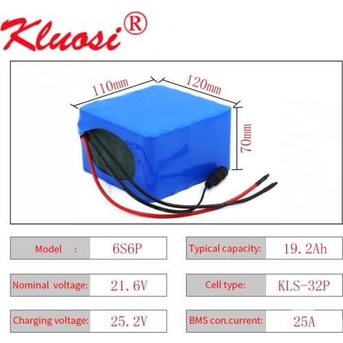KLUOSI 6S6P 24V 19.2Ah 21.6V 20Ah 25.2V Lithium Battery Pack with 25A BMS for Electric Bicycle Ebike Scooter Wheelchair Cropper
