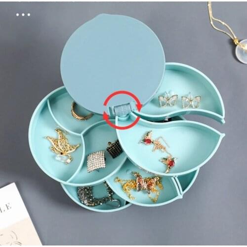 Jewelry Storage Box Multilayer Rotating Plastic Jewelry Stand Earrings Ring Box Cosmetics Beauty Container Organizer with Mirror