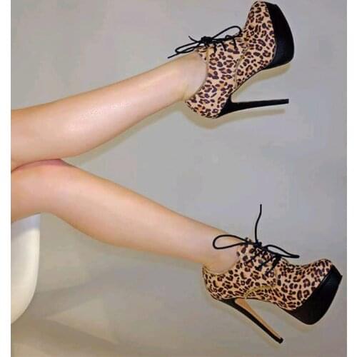 Fashion Design Leopard Printed Platform High Heel Ankle Boots Women Lace Up Spring Fall Winter Thin Heeled Short Boots