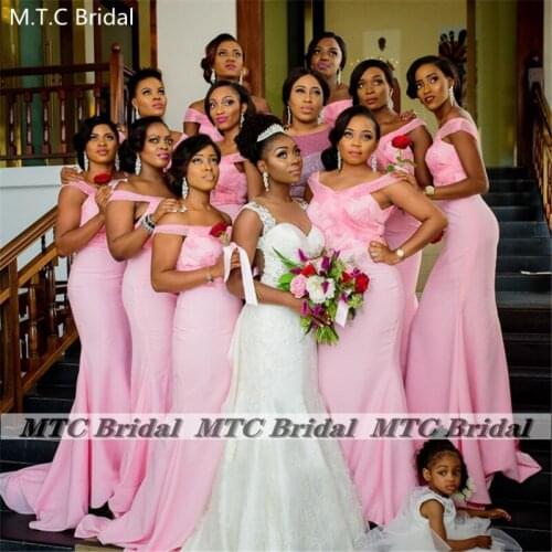 New Light Pink Mermaid 2021 Bridesmaid Dresses Off The Shoulder Lace Satin Wholesale African Women Wedding Guest Party Gowns
