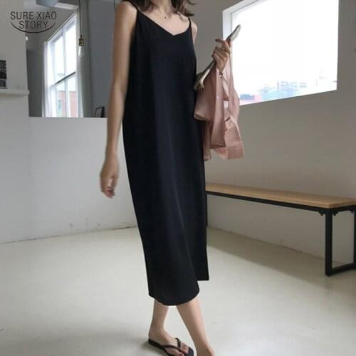 New Loose Sleeveless Dresses Sexy V-neck Sling Long Black Party Dress Summer Women Maxi Dress Solid Color Vestidos Mujer 13351