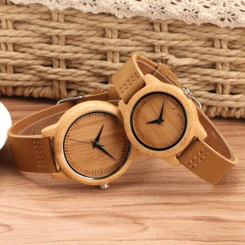 Simple Brown Leather Wood Watch Vintage Male Clock Quartz Watches for Lovers 100% Natural Wooden Wristwatch Couples Gifts Reloj