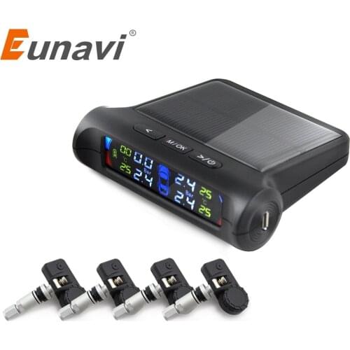 Eunavi Car TPMS Tire Pressure Monitoring System Solar Power charging LCD Display External Sensor Auto Alarm System