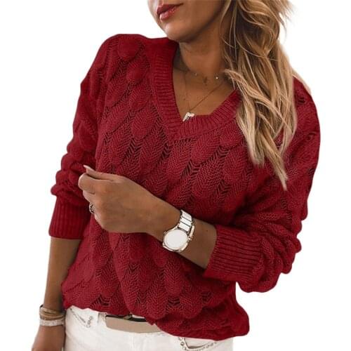 Casual Women Knit Sweater Autumn Winter Hollow Out Feather Long Sleeve V Neck Pullover Oversize Sweater Top свитер женский