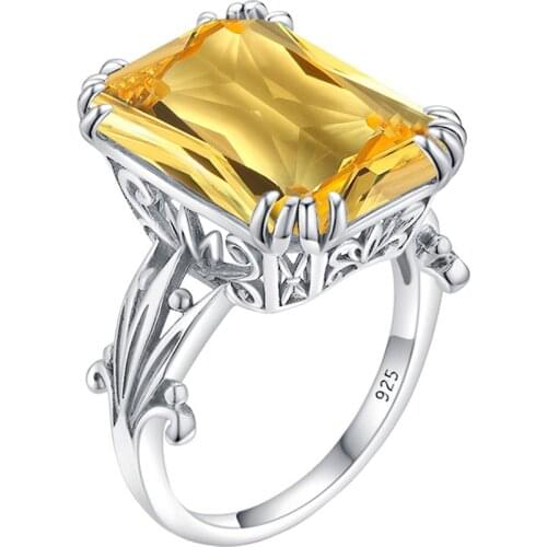 Szjinao Silver Rings For Women Real 925 Sterling Silver Designer Ring Shiny Yellow Cristal Gemstones Big Square Fine Jewelry Hot