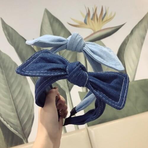 Vintage Big Bow Rabbit Ears Hairbands Lady Wide-brimmed Denim Headband