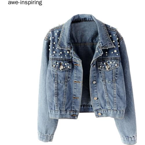 Women Casual Denim Jacket Full Sleeve Loose Button Pearls Short Lapel Wild Leisure 2021 New Summer Fashion Blue Black Tops