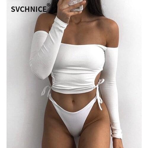 Slash Neck Womens Tee Shirt Sexy Female Clubwear Crop Tops White Off Shoulder Long Sleeve T-Shirt Women Autumn Clothing Bandage