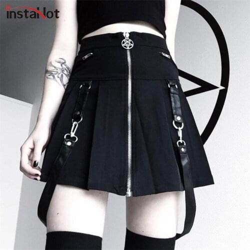 InstaHot Halloween Gothic A Line Skirts Women Autumn Zipper Pleated Plaid School Mini Skirt Strap Sexy Solid Suspender Bottom