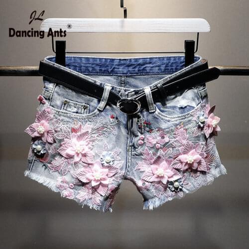 Women Jeans Skirt Shorts Feminino Denim Flowers Print Leg-openings Plus Size Pearls Rivet Zipper Shorts With Pockets 2020 New