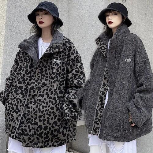 Both Sides Wear Jacket Imitation Lamb Cashmere Leopard Print Parka Women Winter Harajuku Streetwear Loose Retro Trendy Outerwear