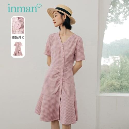 INMAN Summer Autumn Dress Women V-Neck Oblique Placket French Fresh Plaid Romantic Hem Short Sleeve One-Piece