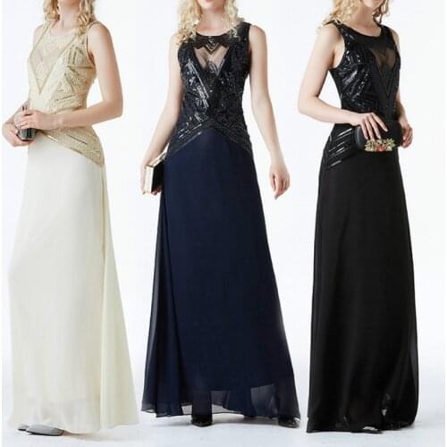 1920s Vintage Great Gatsby Flapper Dress Sheer Long Maxi Formal Party Dress Women Sleeveless Vestido Beaded Sequin Chiffon Dress
