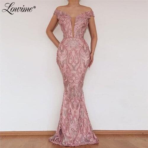 Abendkleider 2020 Arabic African Pink Lace Evening Dresses Off The Shoulder Mermaid Prom Dress Vestidos De Festa