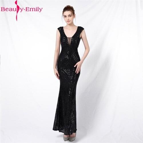 Beauty Emily New Arrival Sexy Open Back Black Evening Dress 2020 Luxurious Sequined Lace V Neck Tassel Mermid Prom Dresses
