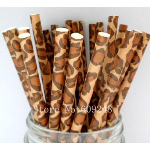 100pcs Leopard Print Paper Straws,Vintage Brown Animal Safari Jungle Zoo Kids Birthday Party,Colored Pattern Mason Jar Straws