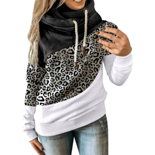 4@ Women Patchwork Sweatshirts Casual Leopard Contrast Long Sleeve Hoodie Sweatshirt Tops Fleece Lady Hoodie Oversized Hoodie