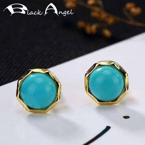 BLACK ANGEL 2021 New Vintage 24K Gold Luxury Lab Created Blue Turquoise Gemstone Stud Earrings For Women Wedding Jewelry Gift