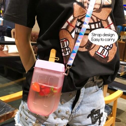 Cute Girl Heart Diagonal Water bottle Student Ins Fruit Popsicle shape Child Portable Korean Plastic Cold Drink Cup with Straw