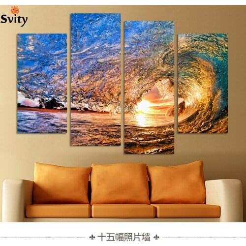 NO FRAME CANVAS ONLY 4 pieces Sunset on the beach with screw ocean wave wall painting printed on canvas home decor Free Shipping