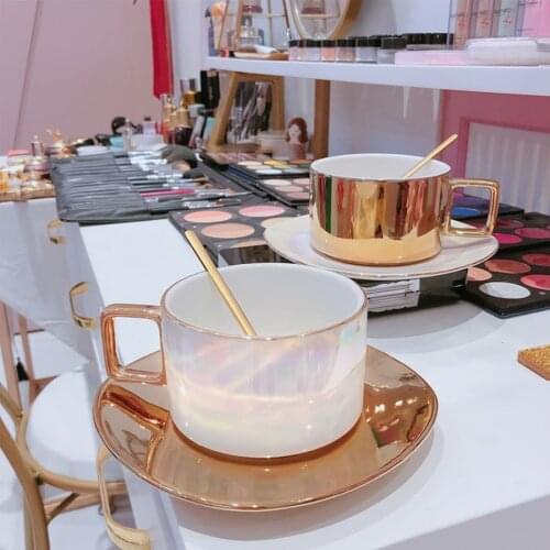Ceramic Mug Pearlescent Golden Coffee Cup Saucer Set Breakfast Milk Cup Dish Afternoon Tea Drinkware Nordic Home Office Mugs