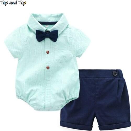 Top and Top Fashion Baby Boy Gentleman Clothing Set Short Sleeve Striped Romper Shirt with Bowtie+Shorts 2Pcs Infant Formal Suit