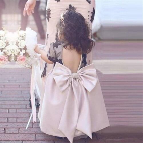 Lace Satin Baby Kids Flower Girls Dresses Ankle Length First Communion Short Sleeve Backless For Girl Big Bow Prom Princess Gown