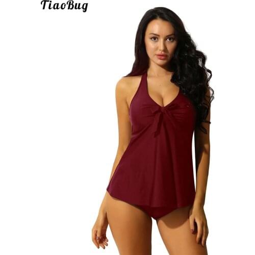 TiaoBug Summer 2Pcs Women Tankini Set Solid Color Tummy Control Swimsuit Halter Bathing Suit With Boyshort Swimwear Bikini