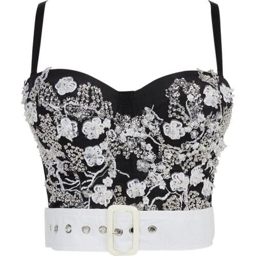 Fashion Luxury sequin Embroidery Lace Women Tops Vest Black Nude Nightclub Party Costume Crop Top Banquet Female Top