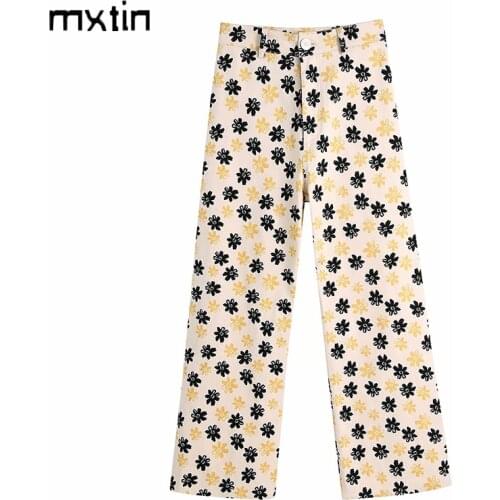 MXTIN 2021 Women Summer Vintage Floral Print Pants Fashion Zipper Back Pocket Office Lady Wear Female Ankle Trousers Pantalones