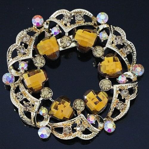 New Colorful Semi-precious Korean Big Round Brooch for Women Heart Rhinestone Crystal Gold-color Jewelry Accessory B1227