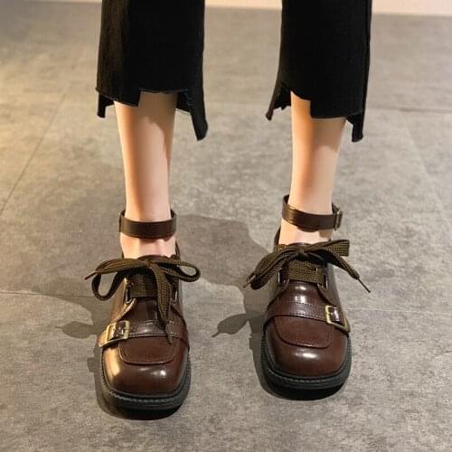 British Lace up square toe oxfords women bullock derbies flats thick heels loafers belt buckle small letaher shoes woman brogue
