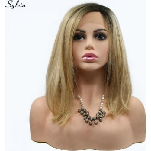 Sylvia Blonde Bob Wig Heat Resistant Synthetic Lace Frontal Wigs Natural Straight Short Dark Roots to Blond/Gold Shoulder Length