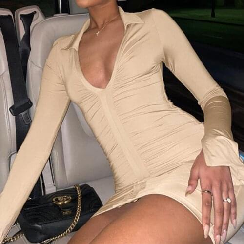 Apricot High-waist Pleated Shirt Dress Bodycon Mini Sexy V Neck Autumn Winter Long Sleeve Casual Females Dresses 2021 Y2K Party