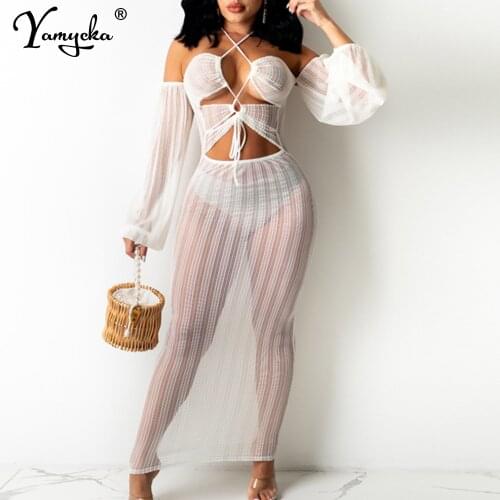 Sexy halter see through White vintage maxi summer corset dress evening prom dresses for women 2021 party Club Hollow long dress