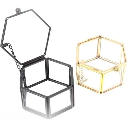Hexagon Transparent Glass Ring Box Wedding Ring Box Geometric Clear Glass Jewelry Box Jewelry Organizer Holder Tabletop Containe