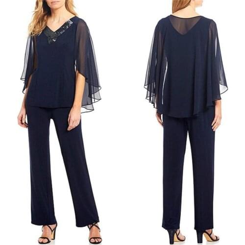 Dark Navy 2020 Mother Of The Bride Pant Suits Two Pieces Beaded Jewel Neck Jumpsuits Wedding Guest Dress Plus Size Pantsuits