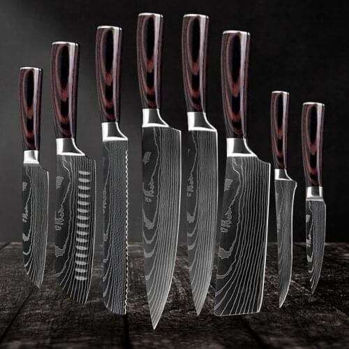 Japanese Kitchen Knives 1-8 PCS Set Laser Damascus Pattern Chef Santoku Cleaver Slicing Utility Gyuto Boning Knife Toosl