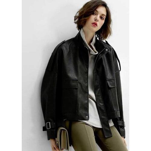 2020 New Autumn Faux Leather Jacket Women Stand Collar Long Sleeve Drawstring Bandage Big Size Oversize Jacket Women Coat