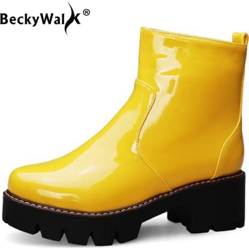 Autumn Winter Woman Shoes Platform Martin Boots Women Patent PU Leather Square Heels Botas Women Shoes Large Size 34-43 WSH3452