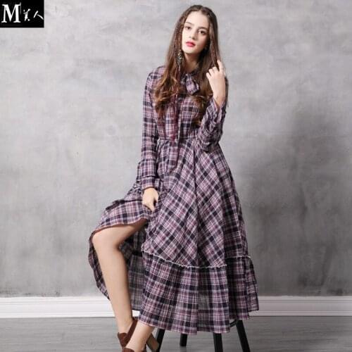 Free Shiping 2021 New Vintage Women Long Mid-calf Long Flare Sleeve Plaid Spring Autumn Cotton Dress S-L Bandage Bow Dresses