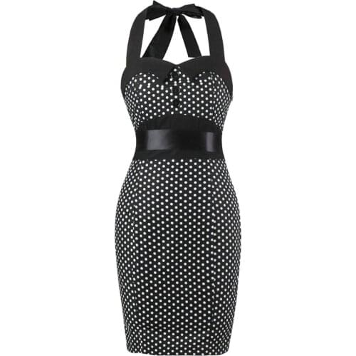 Black Polka Dot Sexy Halter Sheath Rockabilly Dress Vintage Women Summer 50s Pin Up Leopard Print Slim Pencil Bodycon Dresses