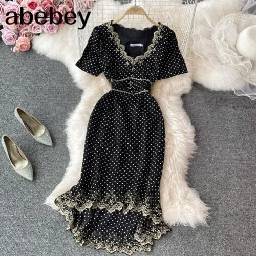 2021 New Summer Vintage versatile V-neck puff sleeve Dress lace patchwork polka dot fishtail wrap Dress
