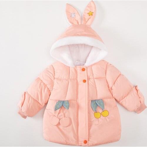 Winter baby girl cotton coat cute cartoon rabbit ear thick plus velvet cotton coat childrens clothes girl warm hooded outerwear