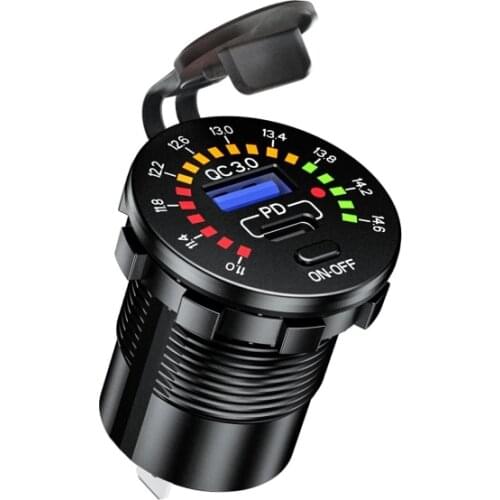 12V Quick Charge 3.0 USB SUV Car Charger Waterproof 18W Type C PD Outlet Fast Charger with LED Voltmeter ON OFF Power Switch