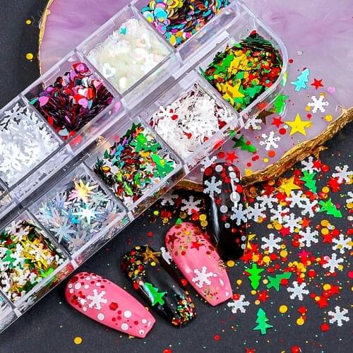 12 Grids Or 1 Jar 3D Snowflake Xmas Tree Metal Slices Nail Art Sequins Christmas Decorations nail Thin Sticker Designs Manicure