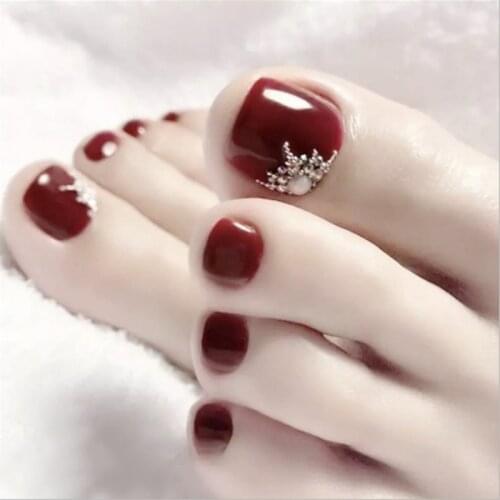 24Pcs/Set New Glue Summer Beauty Toenail Silver Red High Quality Rhinestone Foot False Nail Artificial Nail Art Fake Toe Nails