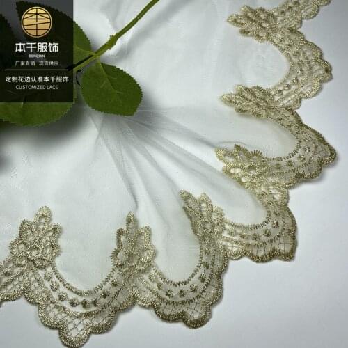 3Yards Gold Thread Handmade DIY Clothing Accessories Floral Embroidery Lace Fabric Curtains Sofa Lace Trim 17cm Width
